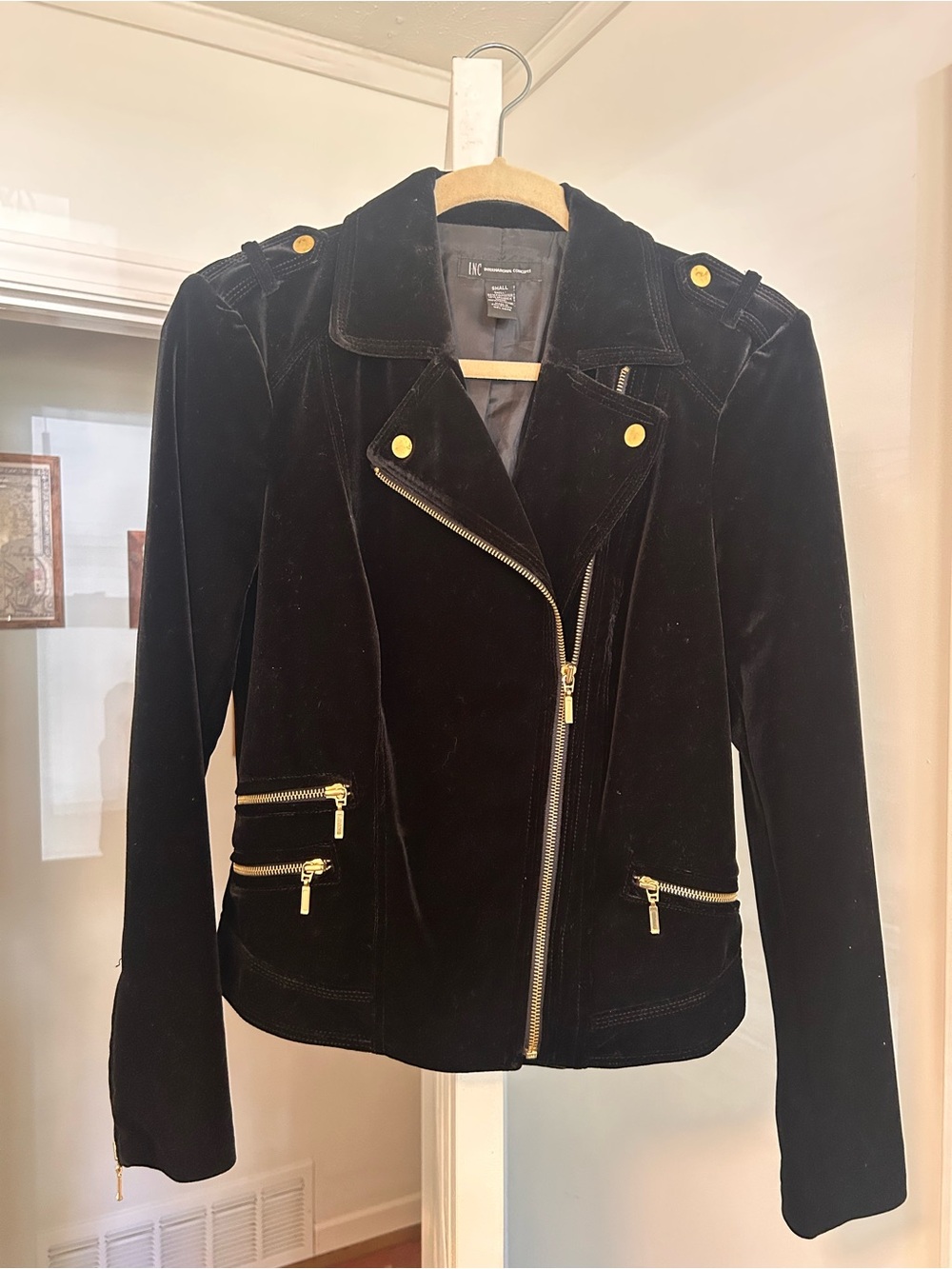 INC International Concepts Black Velvet Moto Jacket with Gold Hardware